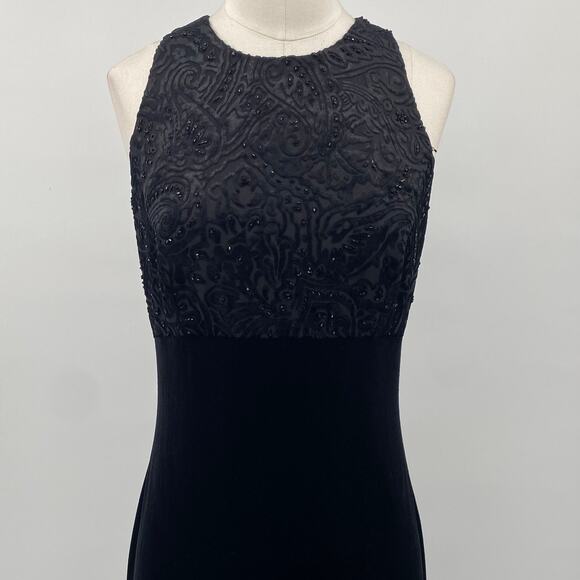 Vintage 90s Beaded Velvet Burnout Maxi Dress Gown High Neck Empire Waist Black 2 - Picture 3 of 9